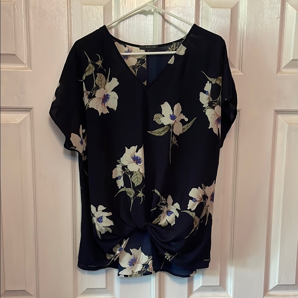 West Kei White and Blue Tie Front Blouse